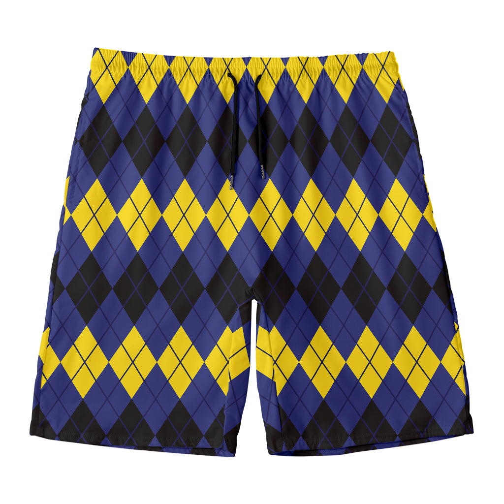 Black Yellow And Blue Argyle Print Men's Swim Trunks