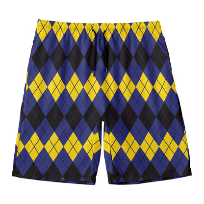 Black Yellow And Blue Argyle Print Men's Swim Trunks
