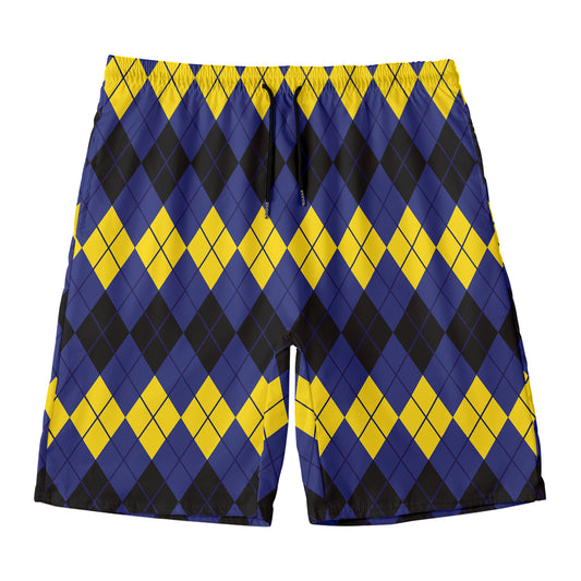 Black Yellow And Blue Argyle Print Men's Swim Trunks