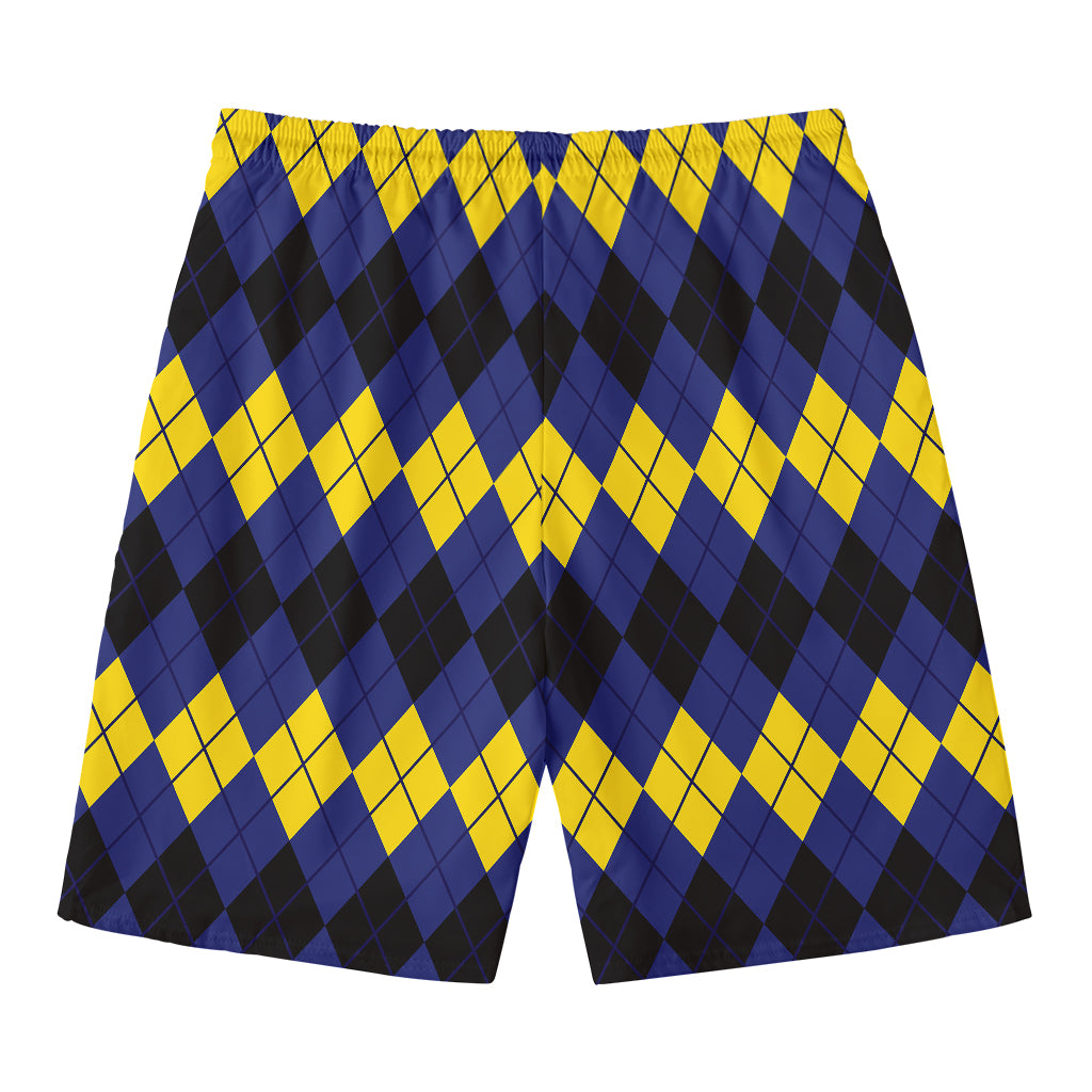 Black Yellow And Blue Argyle Print Men's Swim Trunks
