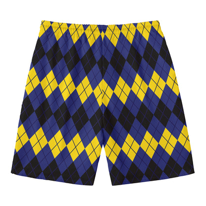Black Yellow And Blue Argyle Print Men's Swim Trunks
