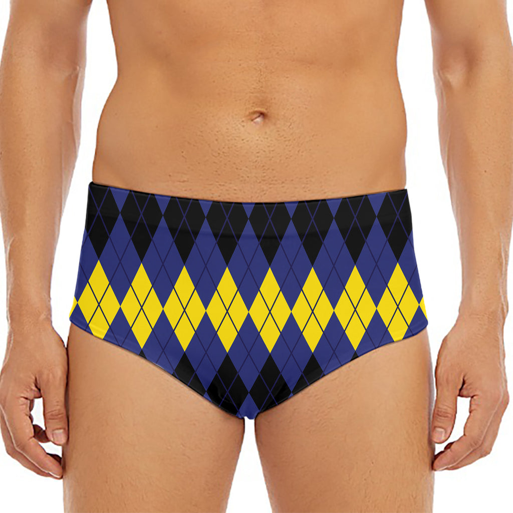 Black Yellow And Blue Argyle Print Men's Triangle Swim Briefs