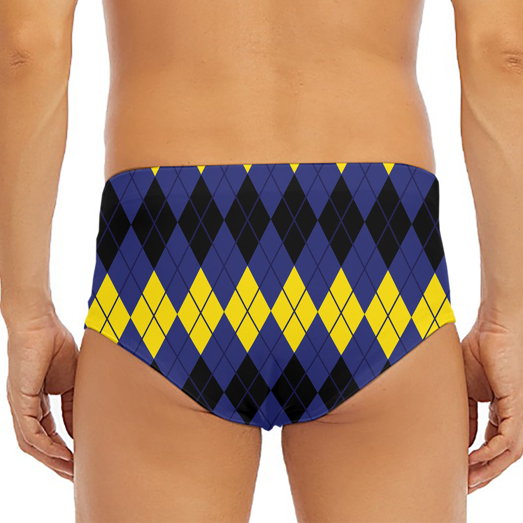 Black Yellow And Blue Argyle Print Men's Triangle Swim Briefs