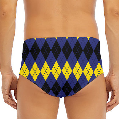 Black Yellow And Blue Argyle Print Men's Triangle Swim Briefs