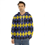Black Yellow And Blue Argyle Print Men's Velvet Pullover Hoodie
