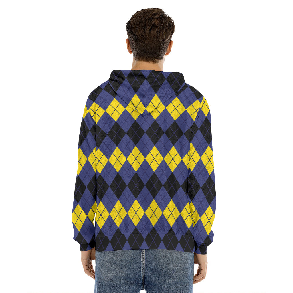 Black Yellow And Blue Argyle Print Men's Velvet Pullover Hoodie