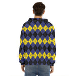 Black Yellow And Blue Argyle Print Men's Velvet Pullover Hoodie