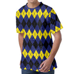 Black Yellow And Blue Argyle Print Men's Velvet T-Shirt