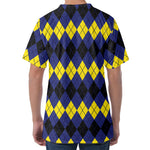 Black Yellow And Blue Argyle Print Men's Velvet T-Shirt