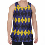 Black Yellow And Blue Argyle Print Men's Velvet Tank Top