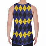 Black Yellow And Blue Argyle Print Men's Velvet Tank Top