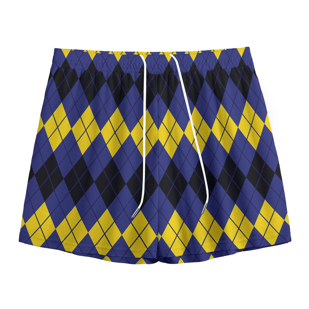 Black Yellow And Blue Argyle Print Mesh Shorts