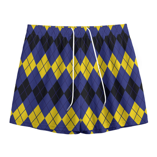 Black Yellow And Blue Argyle Print Mesh Shorts