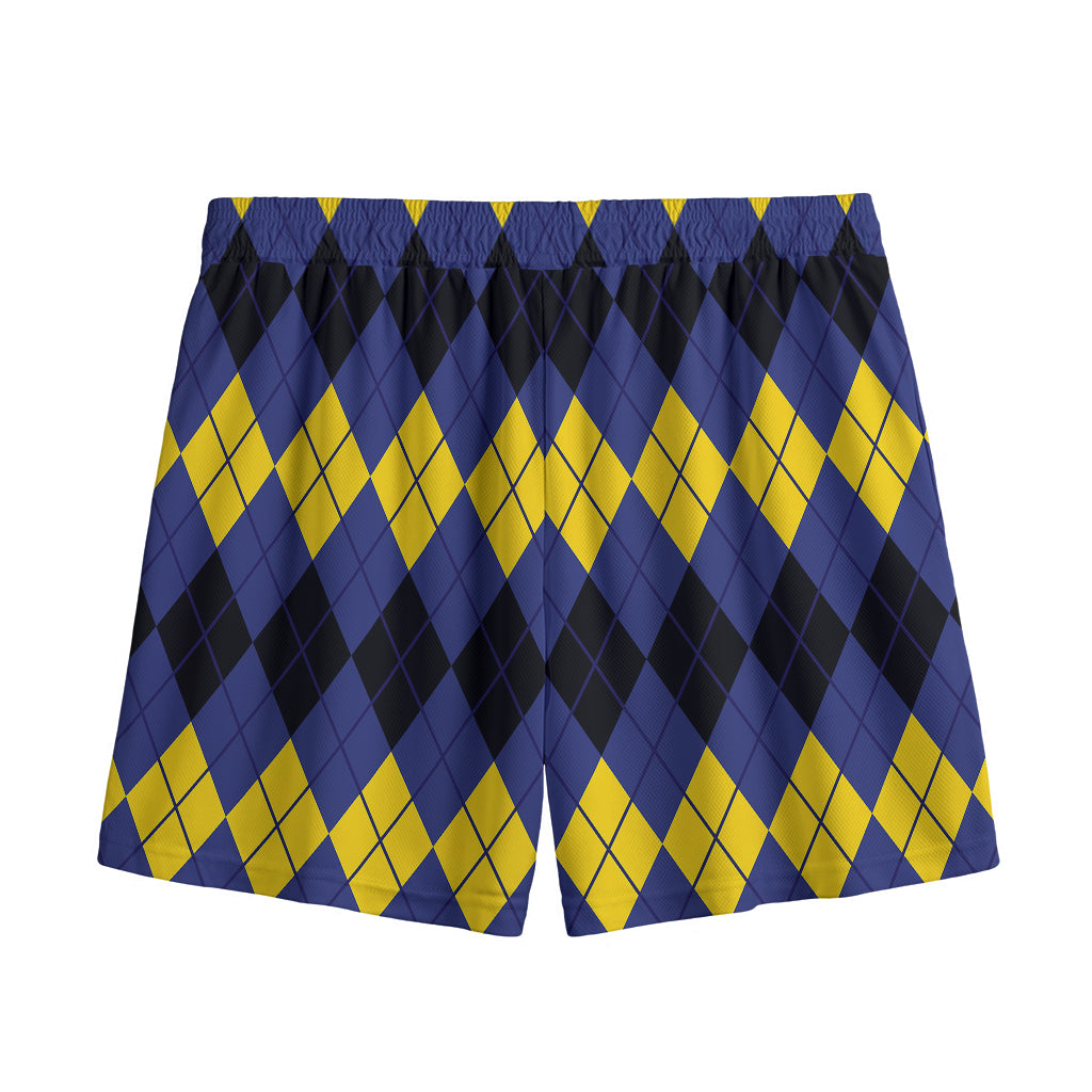 Black Yellow And Blue Argyle Print Mesh Shorts