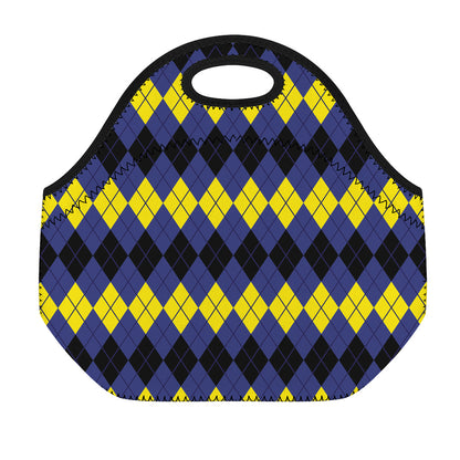 Black Yellow And Blue Argyle Print Neoprene Lunch Bag