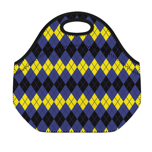 Black Yellow And Blue Argyle Print Neoprene Lunch Bag