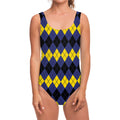 Black Yellow And Blue Argyle Print One Piece Swimsuit