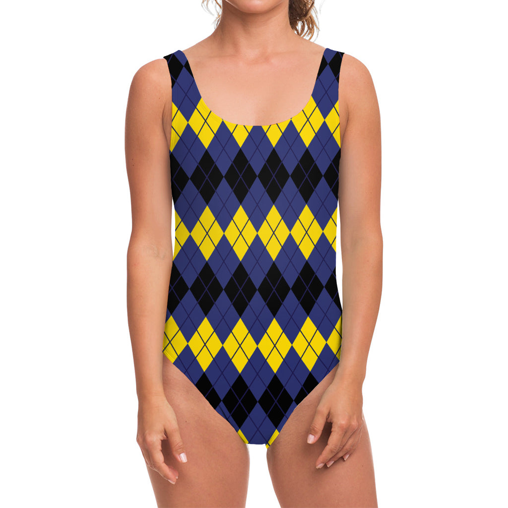 Black Yellow And Blue Argyle Print One Piece Swimsuit