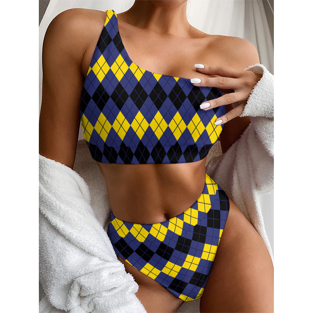 Black Yellow And Blue Argyle Print One Shoulder Bikini Top