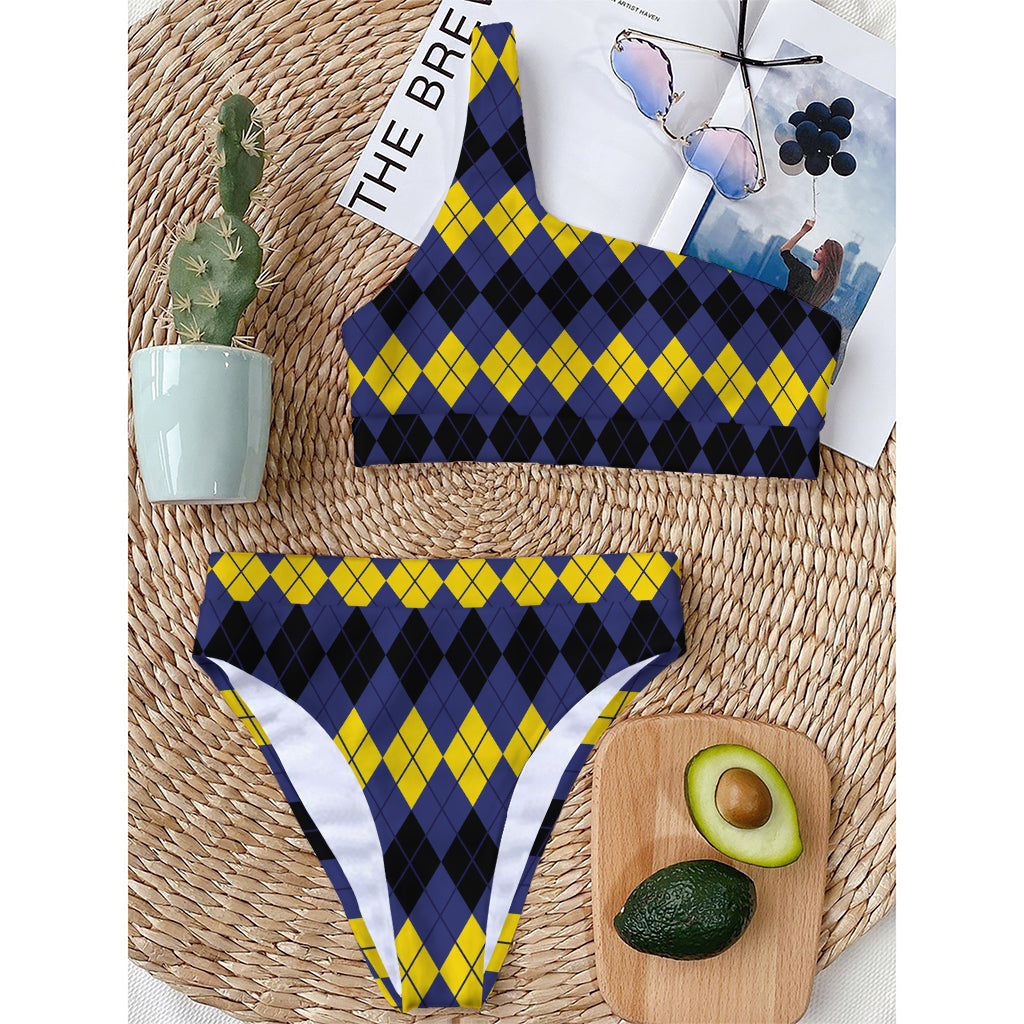 Black Yellow And Blue Argyle Print One Shoulder Bikini Top