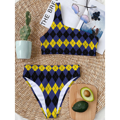 Black Yellow And Blue Argyle Print One Shoulder Bikini Top