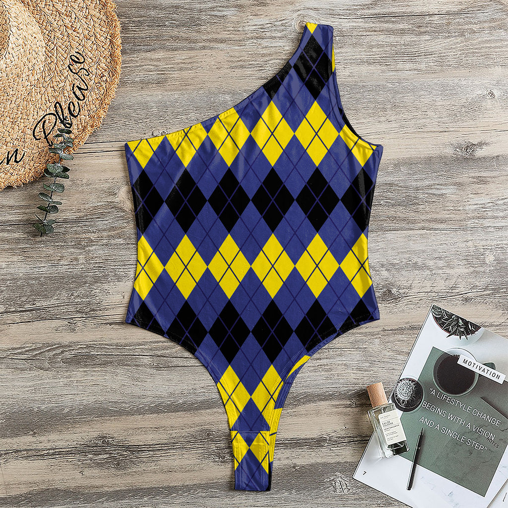 Black Yellow And Blue Argyle Print One Shoulder Bodysuit