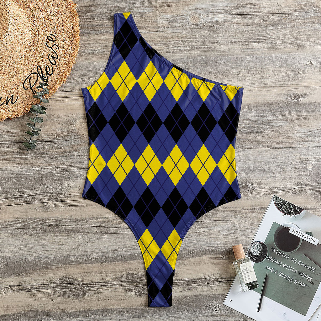 Black Yellow And Blue Argyle Print One Shoulder Bodysuit