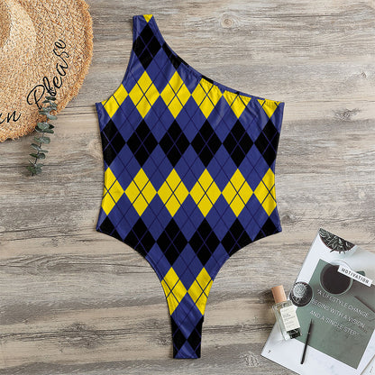 Black Yellow And Blue Argyle Print One Shoulder Bodysuit