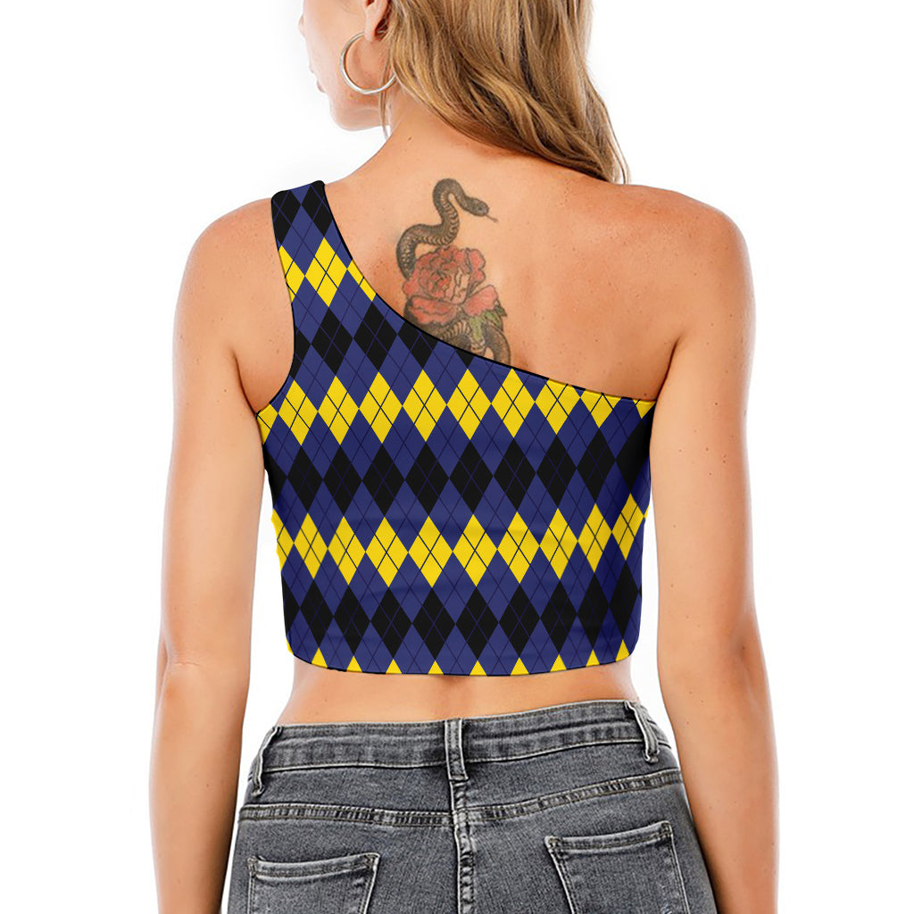 Black Yellow And Blue Argyle Print One Shoulder Crop Top