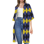 Black Yellow And Blue Argyle Print Open Front Beach Cover Up