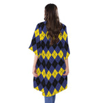 Black Yellow And Blue Argyle Print Open Front Beach Cover Up