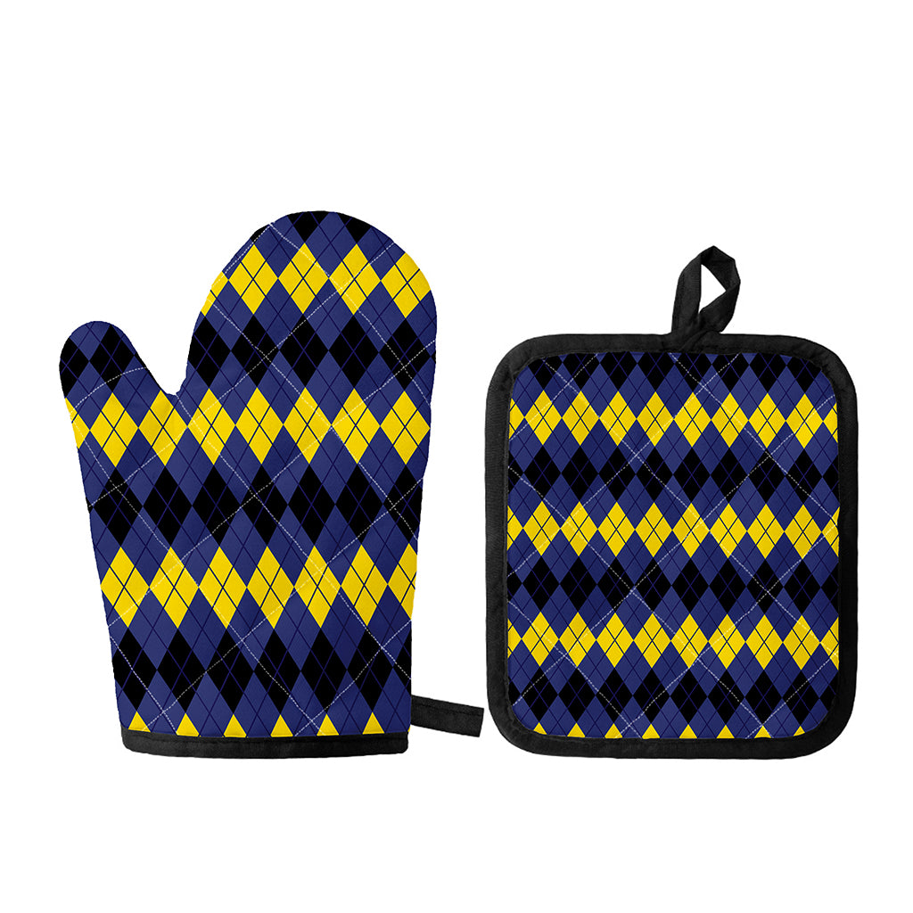Black Yellow And Blue Argyle Print Oven Mitt And Pot Holder Set
