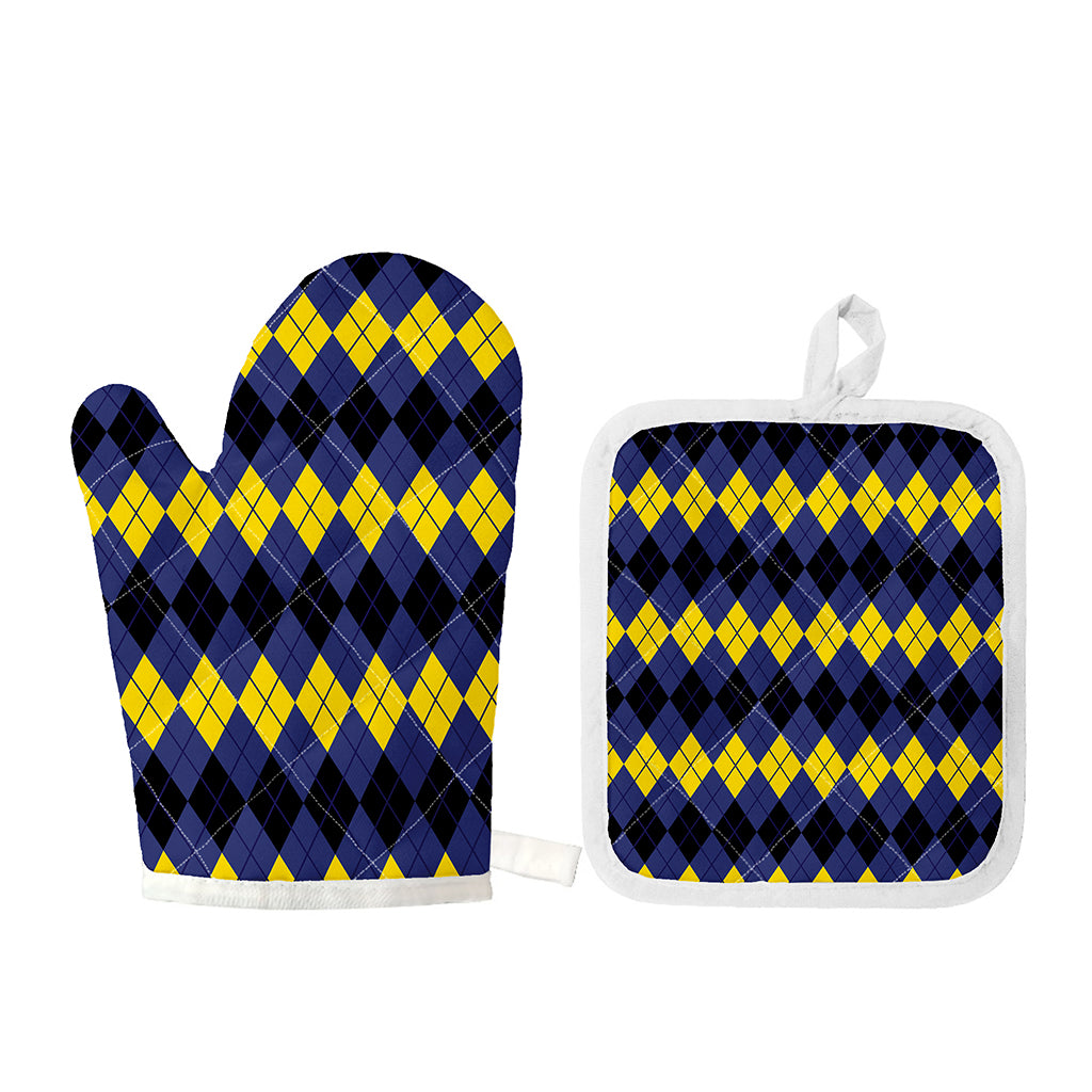 Black Yellow And Blue Argyle Print Oven Mitt And Pot Holder Set