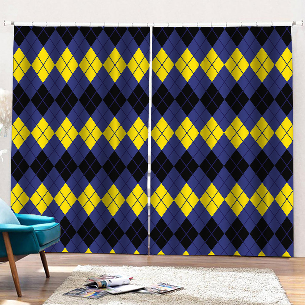 Black Yellow And Blue Argyle Print Pencil Pleat Curtains