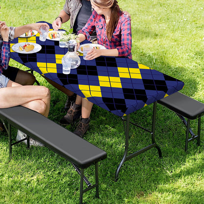 Black Yellow And Blue Argyle Print Picnic Table Cover
