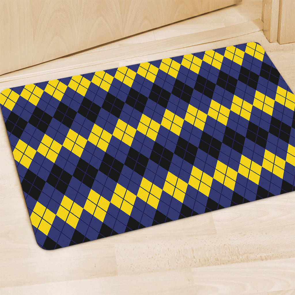 Black Yellow And Blue Argyle Print Polyester Doormat