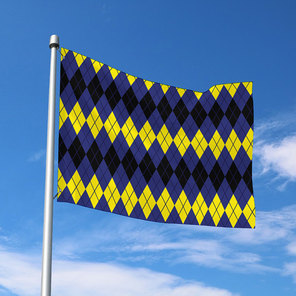 Black Yellow And Blue Argyle Print Polyester Flag
