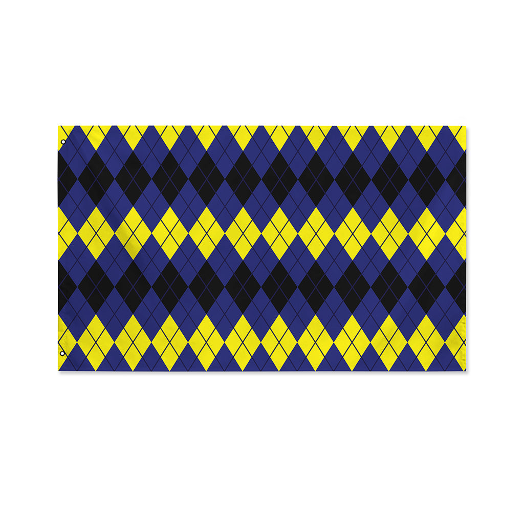 Black Yellow And Blue Argyle Print Polyester Flag