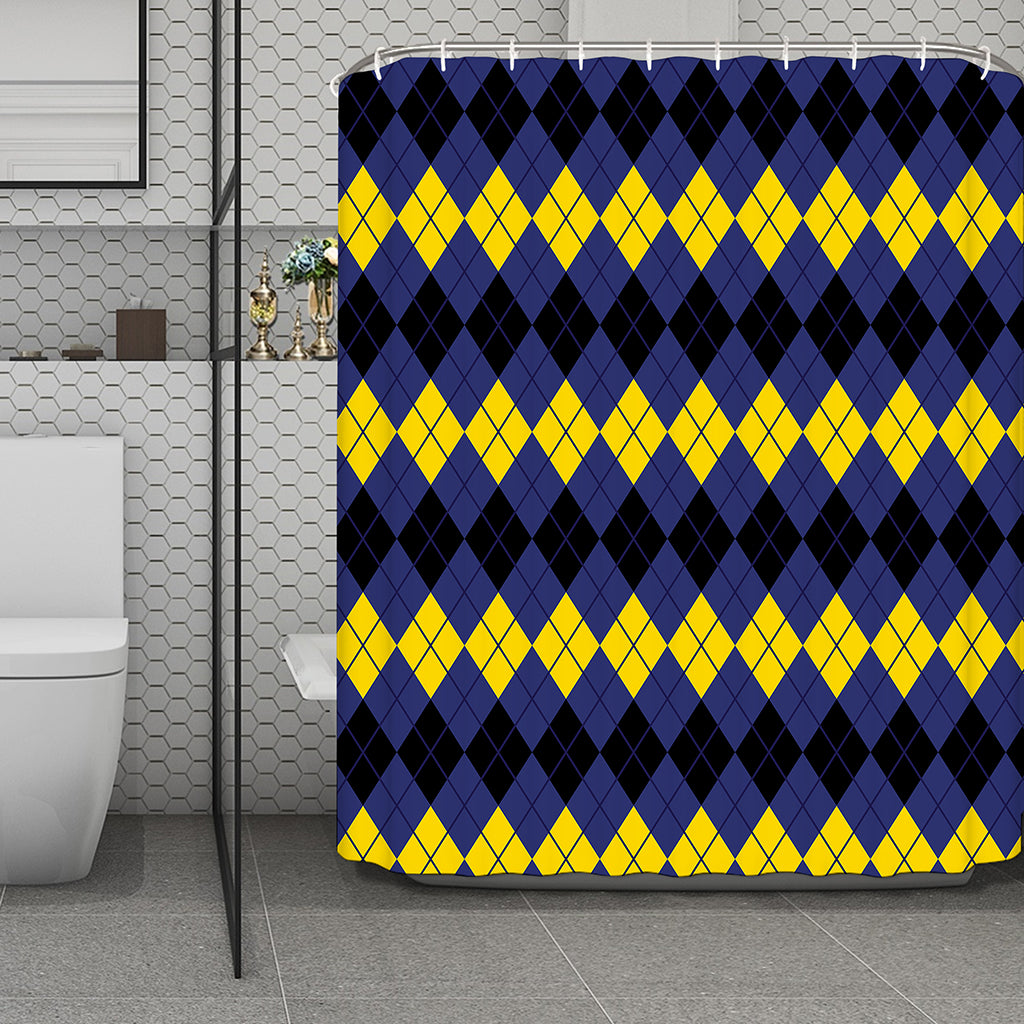 Black Yellow And Blue Argyle Print Polyester Shower Curtain