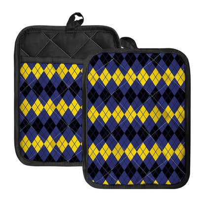 Black Yellow And Blue Argyle Print Pot Holders With Pocket