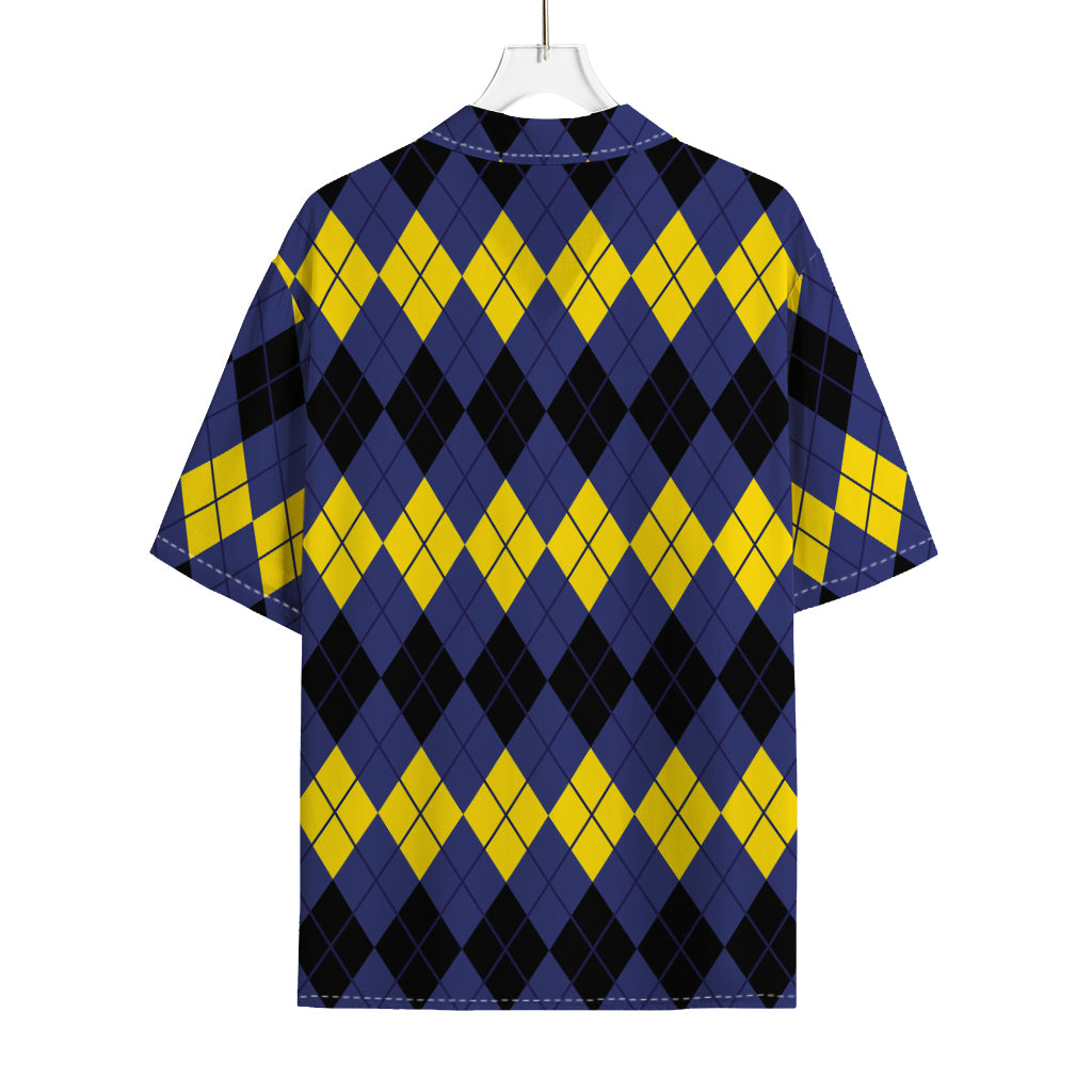 Black Yellow And Blue Argyle Print Rayon Hawaiian Shirt