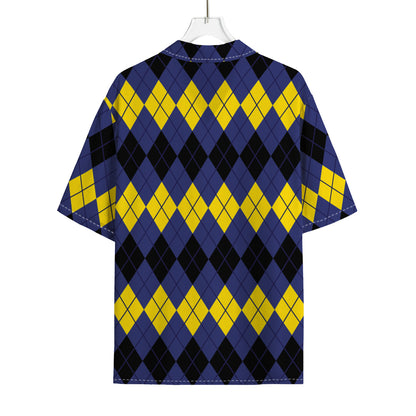 Black Yellow And Blue Argyle Print Rayon Hawaiian Shirt