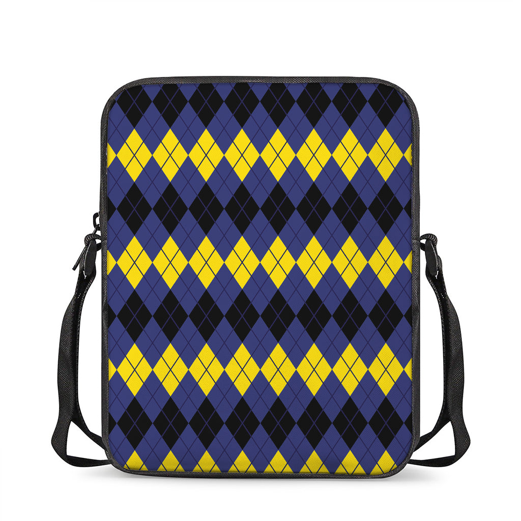 Black Yellow And Blue Argyle Print Rectangular Crossbody Bag