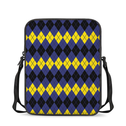 Black Yellow And Blue Argyle Print Rectangular Crossbody Bag