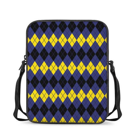 Black Yellow And Blue Argyle Print Rectangular Crossbody Bag