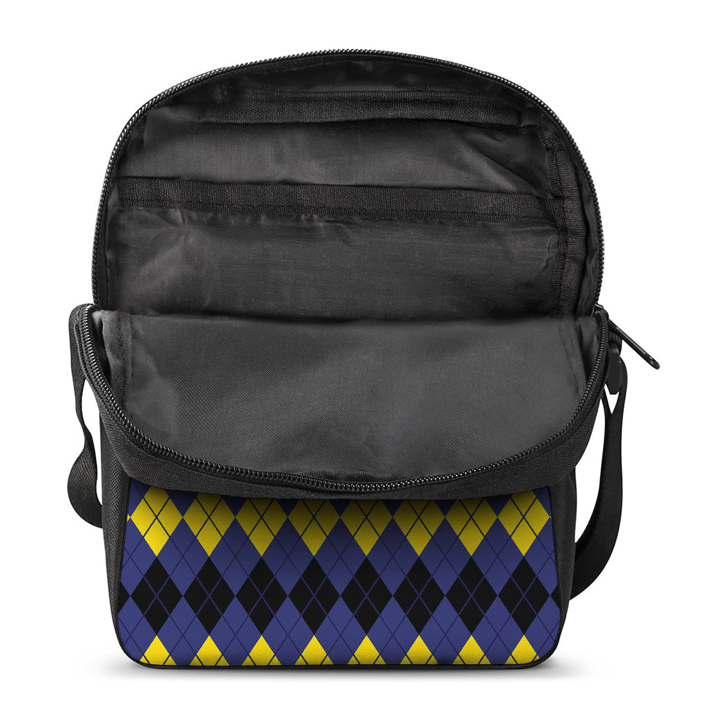 Black Yellow And Blue Argyle Print Rectangular Crossbody Bag