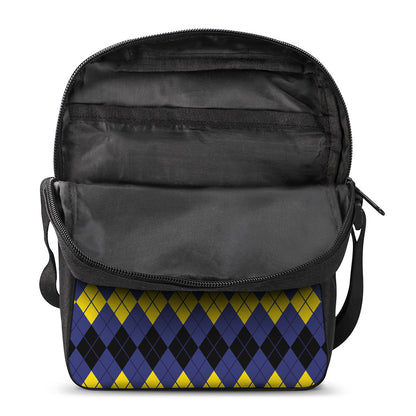Black Yellow And Blue Argyle Print Rectangular Crossbody Bag