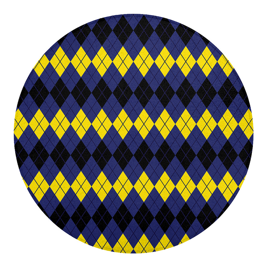 Black Yellow And Blue Argyle Print Round Blanket