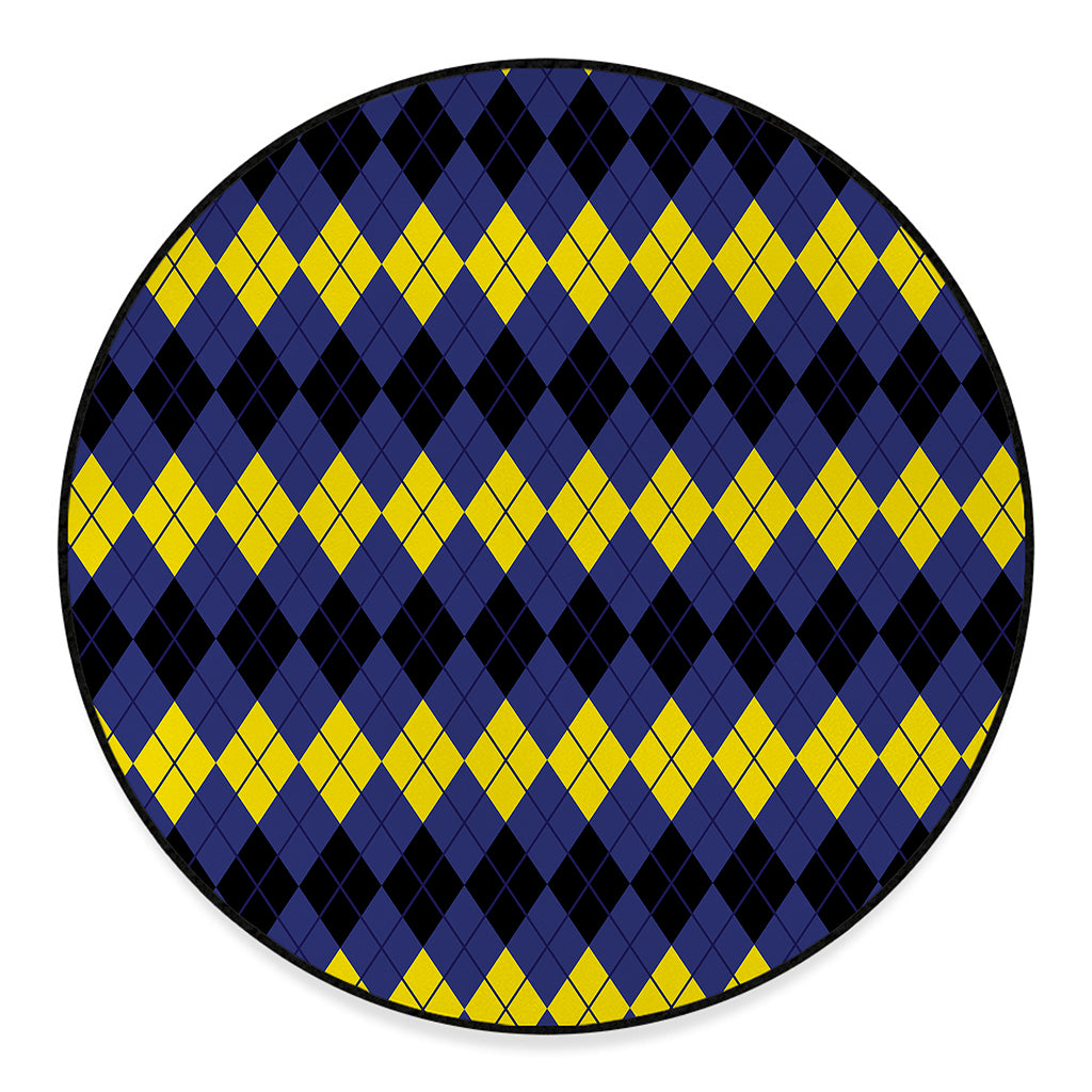 Black Yellow And Blue Argyle Print Round Floor Mat