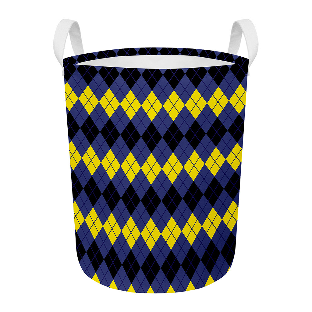 Black Yellow And Blue Argyle Print Round Laundry Basket